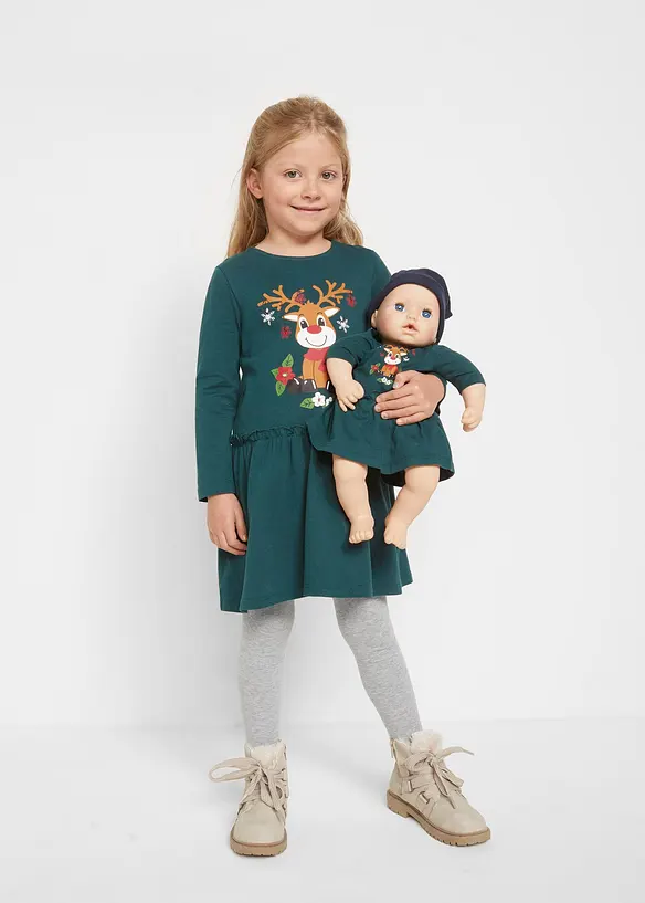 Jerseykleid + Puppenkleid aus reiner Bio-Baumwolle (2-tlg. Set) in grün von vorne (Totalaufnahme) - bonprix