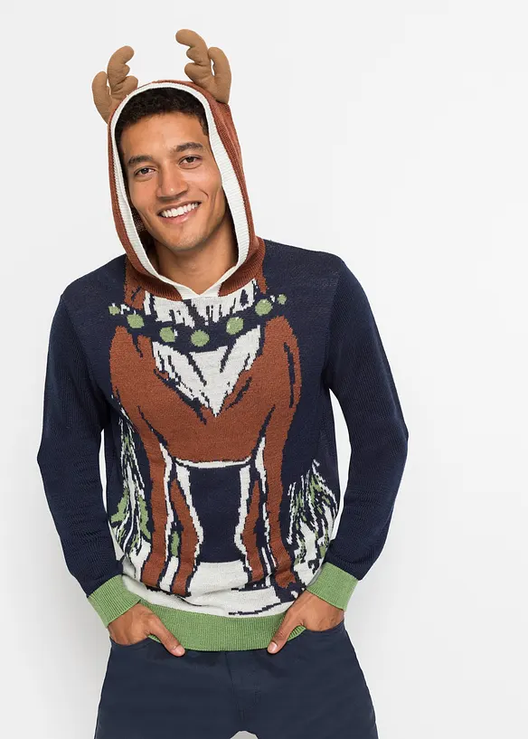 Kapuzen-Pullover mit Weihnachtsmotiv aus recyceltem Polyester in blau von vorne (im Anschnitt) - bonprix