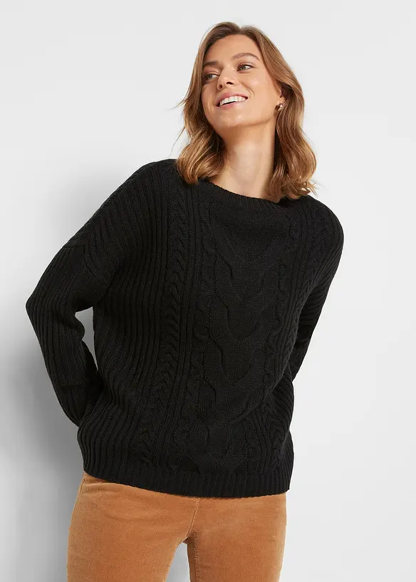 Oversize-Pullover mit Zopfmuster in schwarz von vorne (im Anschnitt) - bonprix
