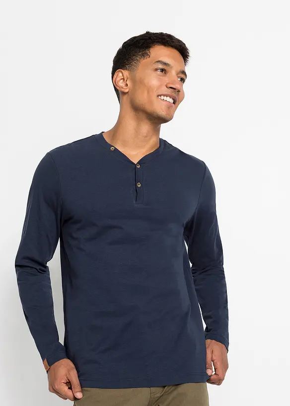 Langarm-Henleyshirt aus reiner Bio-Baumwolle (2er Pack) in blau von vorne (im Anschnitt) - bonprix