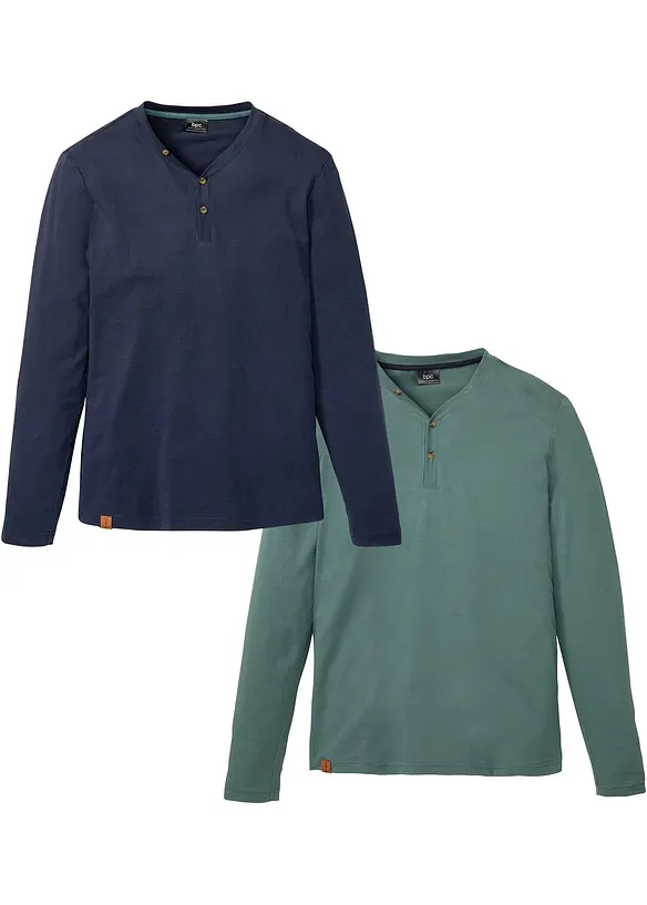 Langarm-Henleyshirt aus reiner Bio-Baumwolle (2er Pack) in blau von vorne - bonprix