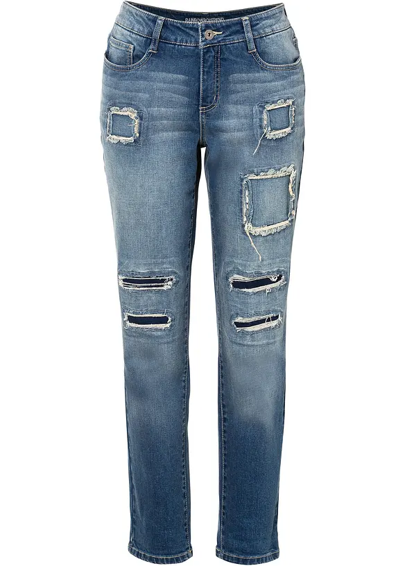 Boyfriend Jeans Mid Waist, stretch in blau von vorne - bonprix