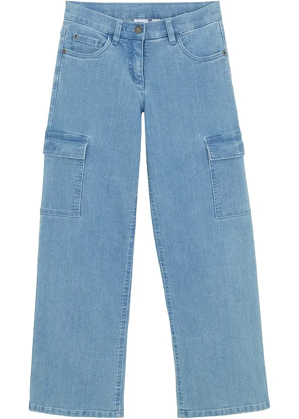 Weite Cargo-Jeans Mid Waist in blau von vorne - bonprix