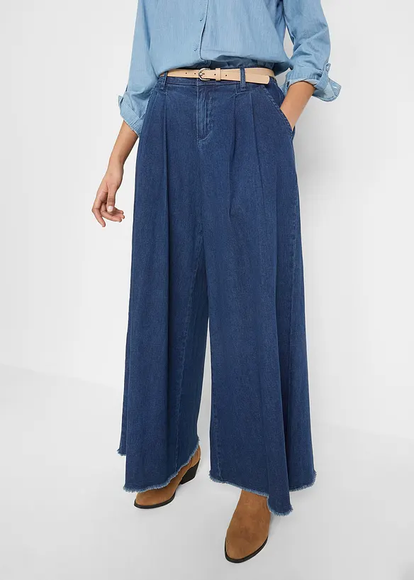 Weiter Jeans-Hosenrock, Komfortbund in blau von vorne - bonprix