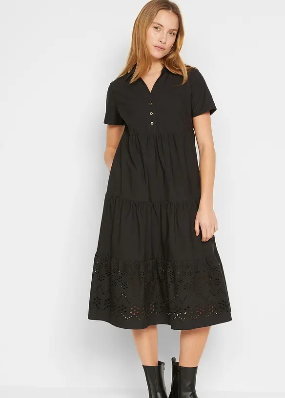 Tunika-Kleid aus reiner Baumwolle mit Lochstickerei in schwarz von vorne (Totalaufnahme) - bonprix Tunika-Kleid aus reiner Baumwolle mit Lochstickerei in schwarz von vorne (Totalaufnahme) - bonprix
