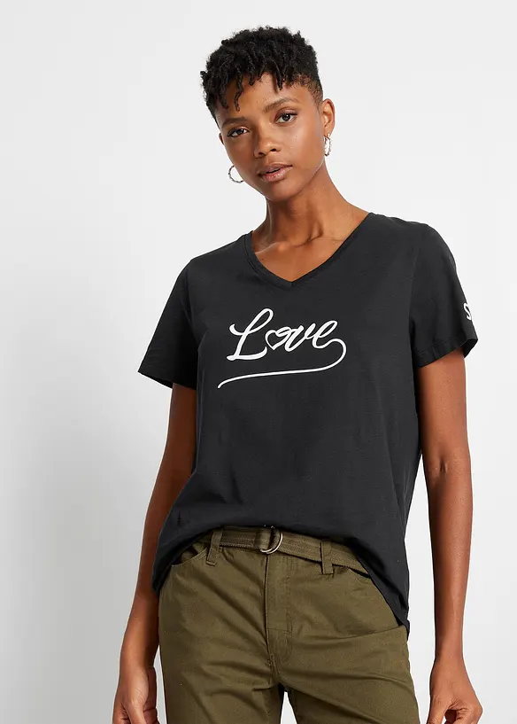 T-Shirt aus reiner Bio-Baumwolle in leicht strukturierter Qualität in schwarz von vorne (im Anschnitt) - bonprix T-Shirt aus reiner Bio-Baumwolle in leicht strukturierter Qualität in schwarz von vorne (im Anschnitt) - bonprix