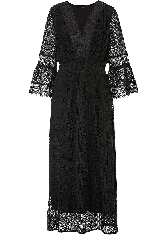 Maxikleid in Crochet-Optik in schwarz von vorne - bonprix