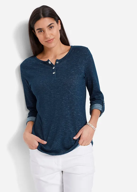 Langarmshirt mit Knopfleiste aus Baumwoll-Mix in blau von vorne (im Anschnitt) - bonprix Langarmshirt mit Knopfleiste aus Baumwoll-Mix in blau von vorne (im Anschnitt) - bonprix