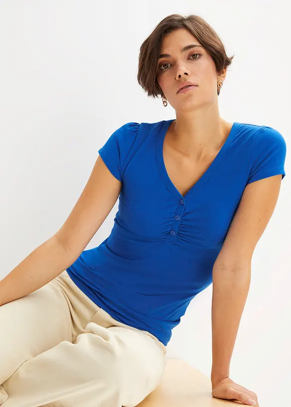 Shirt mit Knopfleiste mit Bio-Baumwolle in blau von vorne (im Anschnitt) - bonprix