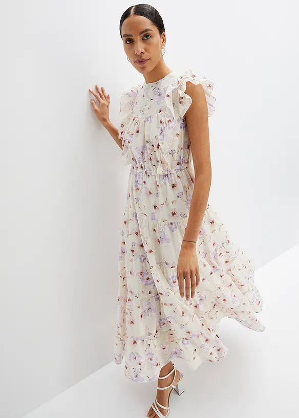 Maxikleid aus reiner Baumwolle in beige von vorne (Totalaufnahme) - bonprix