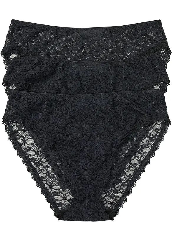 High-Leg Maxislip aus recycelter Spitze (3er Pack) in schwarz von vorne - bonprix