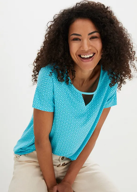 Shirt mit Gummizug, Kurzarm in blau von vorne (im Anschnitt) - bonprix