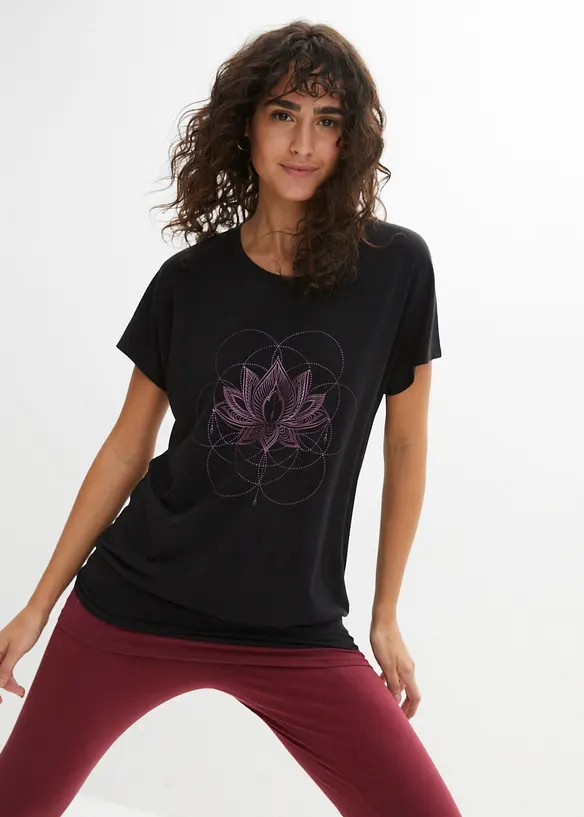 Weites Sport-Shirt mit breitem Saum am Bündchen in schwarz von vorne (im Anschnitt) - bonprix Weites Sport-Shirt mit breitem Saum am Bündchen in schwarz von vorne (im Anschnitt) - bonprix