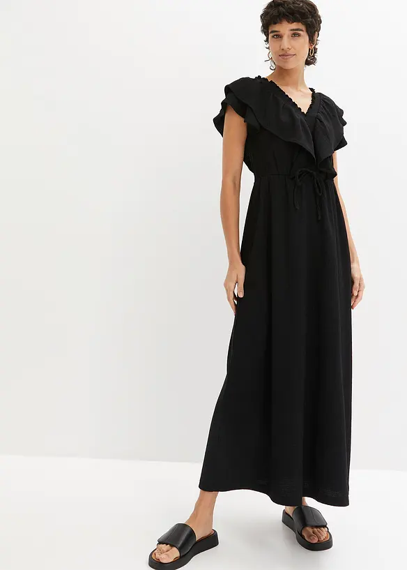 Maxikleid mit Volant in schwarz von vorne (Totalaufnahme) - bonprix Maxikleid mit Volant in schwarz von vorne (Totalaufnahme) - bonprix