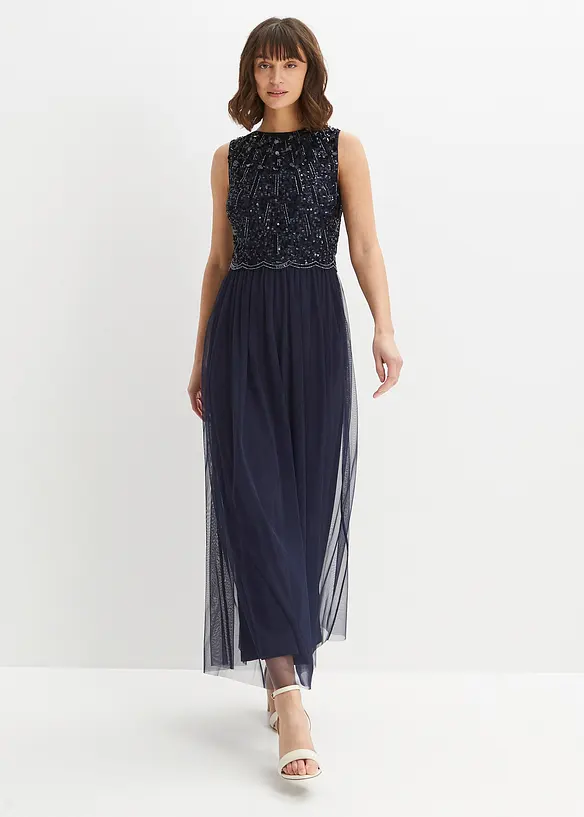 Maxikleid mit Paillettenstickerei in blau von vorne (Totalaufnahme) - bonprix