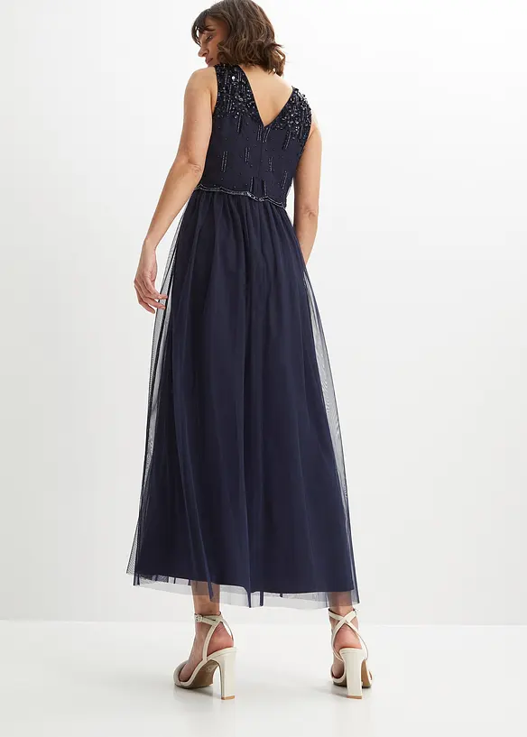 Maxikleid mit Paillettenstickerei in blau von hinten (Totalaufnahme) - bonprix