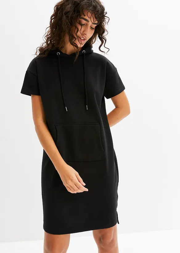 Sweatkleid mit Kapuze aus Baumwoll-Mix in schwarz von vorne (Totalaufnahme) - bonprix