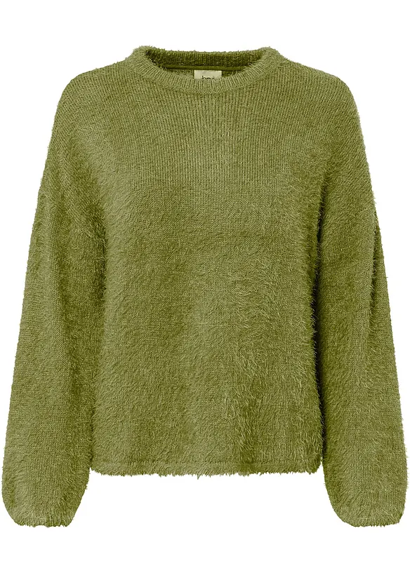 Pullover aus flauschigem Federgarn in grün von vorne - bonprix