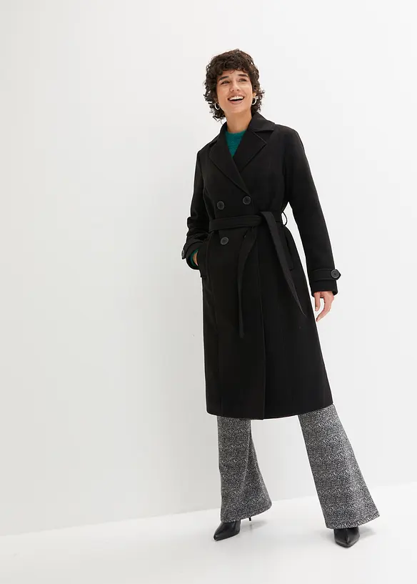 Winter-Trenchcoat in Wolloptik in schwarz von vorne (Totalaufnahme) - bonprix