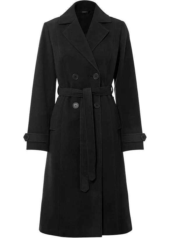 Winter-Trenchcoat in Wolloptik in schwarz von vorne - bonprix