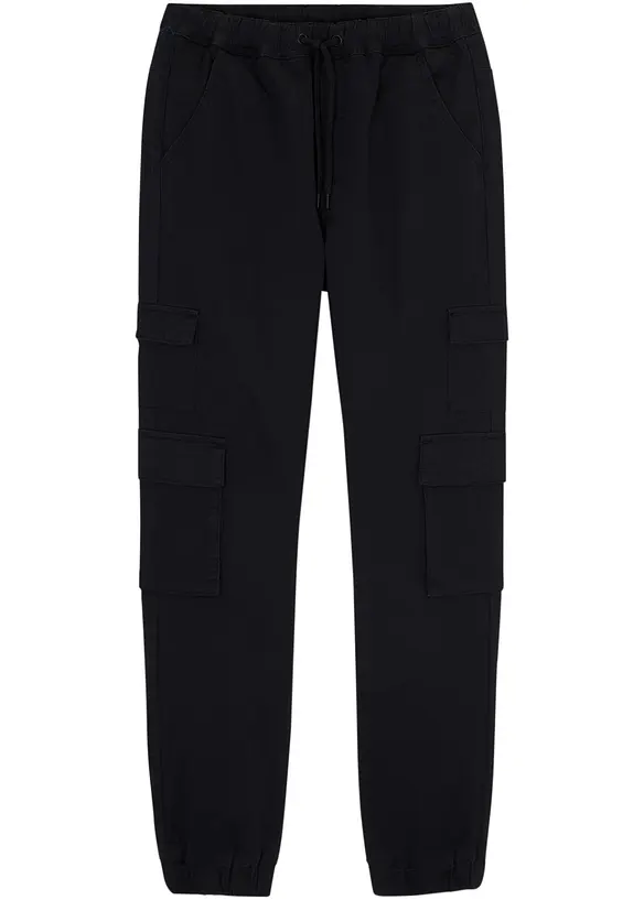 Regular Fit Stretch-Cargo-Schlupfhose mit praktischen Taschen in schwarz von vorne - bonprix