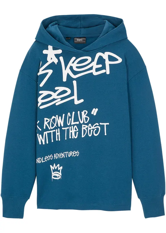 Hoodie mit Graffiti-Print aus reiner Bio-Baumwolle in petrol von vorne - bonprix
