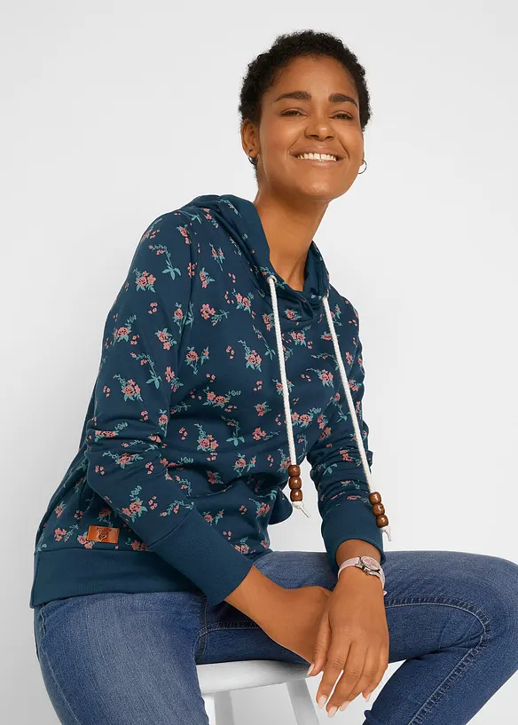 Kapuzensweatshirt mit Kordeln aus reiner Baumwolle in blau von vorne (im Anschnitt) - bonprix Kapuzensweatshirt mit Kordeln aus reiner Baumwolle in blau von vorne (im Anschnitt) - bonprix