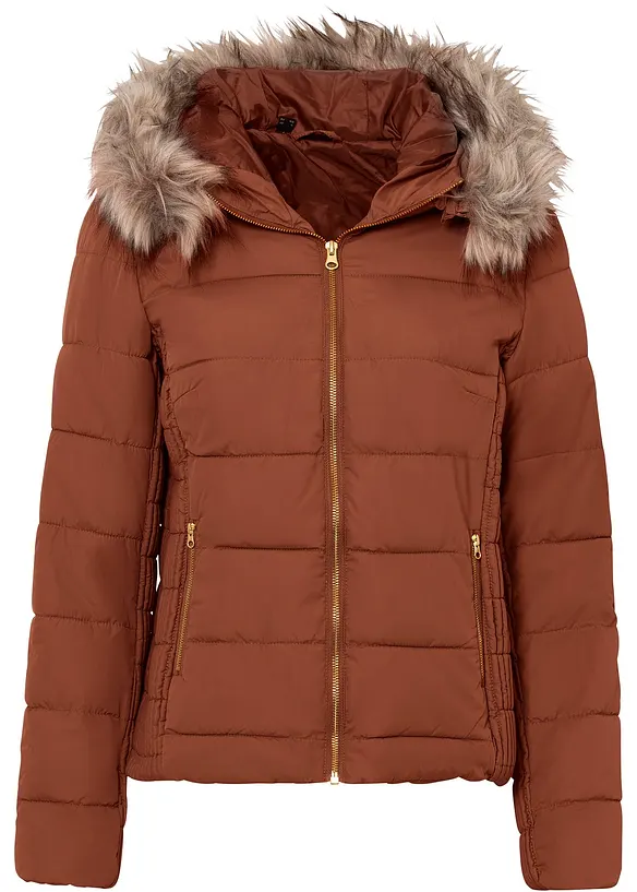 Steppjacke mit Fellimitatkragen in braun von vorne - bonprix