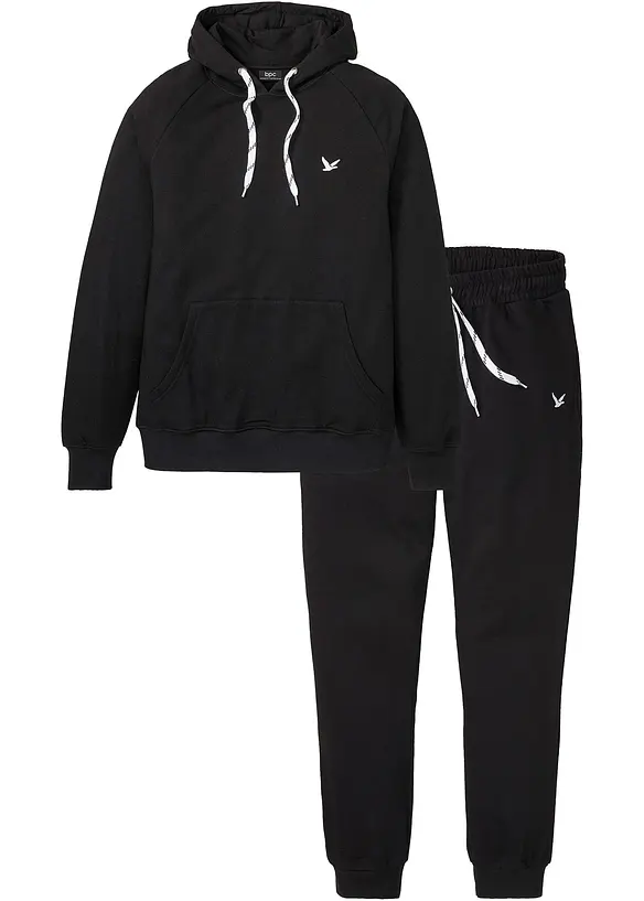 Jogginganzug (2-tlg. Set) aus reiner Baumwolle in schwarz von vorne - bonprix