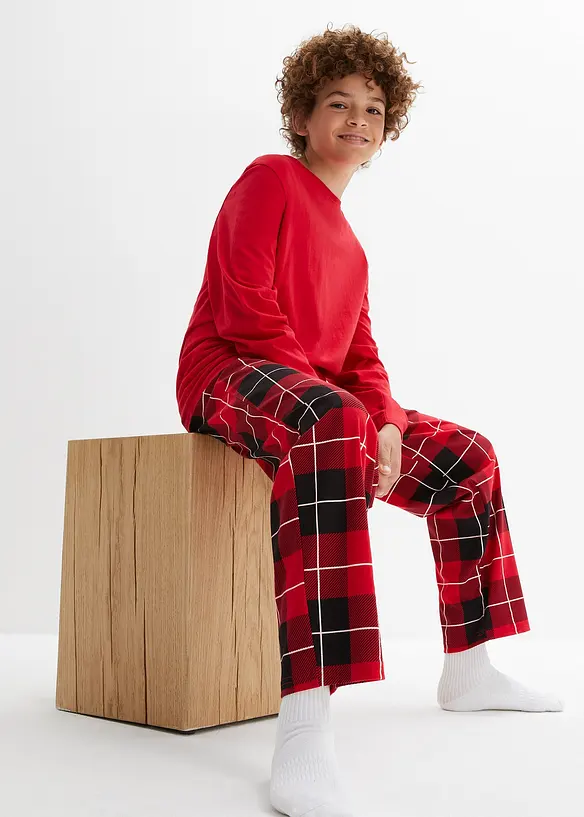 Pyjama aus reiner Baumwolle (3-tlg. Set) in rot von vorne (Totalaufnahme) - bonprix