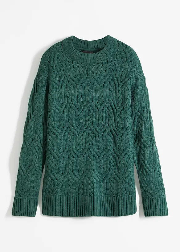 Rundhals-Pullover mit Zopfmuster in grün von vorne - bonprix