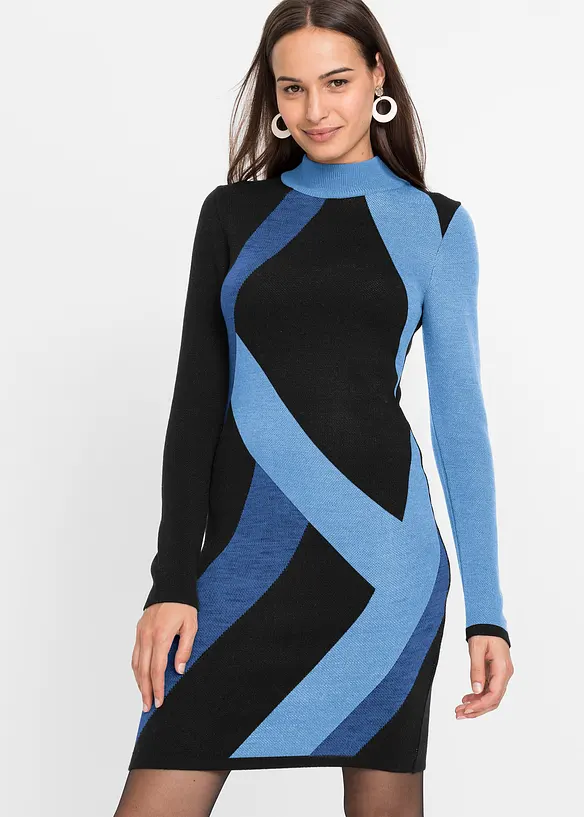 Jacquard-Strickkleid mit modernen Streifen in blau von vorne (Totalaufnahme) - bonprix Jacquard-Strickkleid mit modernen Streifen in blau von vorne (Totalaufnahme) - bonprix