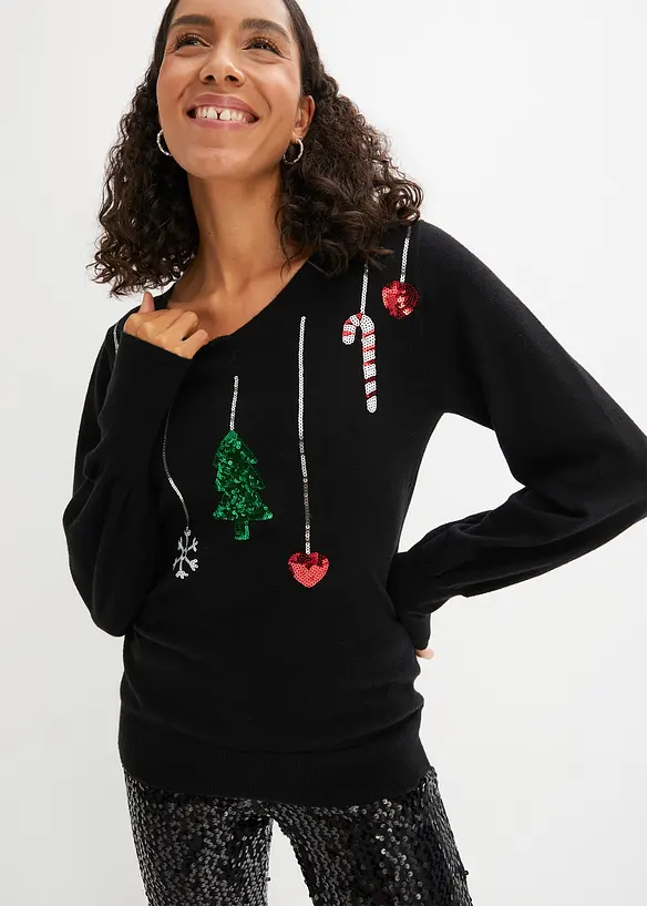 Feinstrickpullover aus softem Viskos-Mix in schwarz von vorne (im Anschnitt) - bonprix