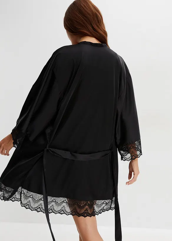Morgenmantel-Set: Kimono + Negligé (2-tlg. Set) in schwarz von hinten (Totalaufnahme) - bonprix