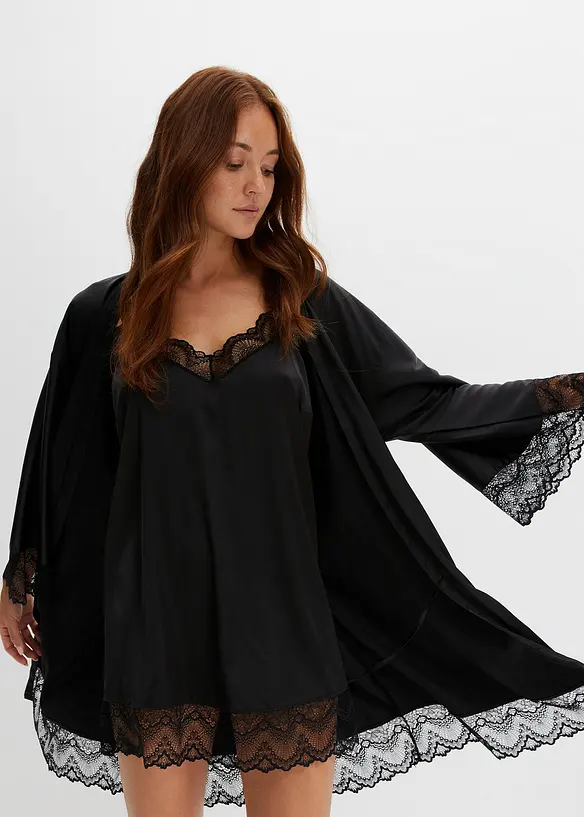 Morgenmantel-Set: Kimono + Negligé (2-tlg. Set) in schwarz von vorne (Totalaufnahme) - bonprix
