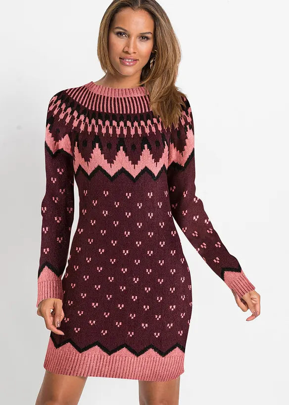 Strickkleid mit Norwegermuster in braun von vorne (Totalaufnahme) - bonprix