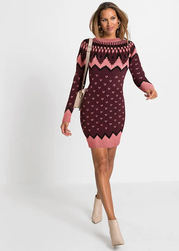 Strickkleid mit Norwegermuster in braun im Look von vorne (Totalaufnahme) - bonprix