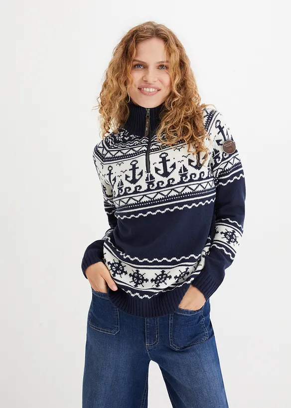 Maritimer Norweger-Pullover in blau von vorne (im Anschnitt) - bonprix Maritimer Norweger-Pullover in blau von vorne (im Anschnitt) - bonprix