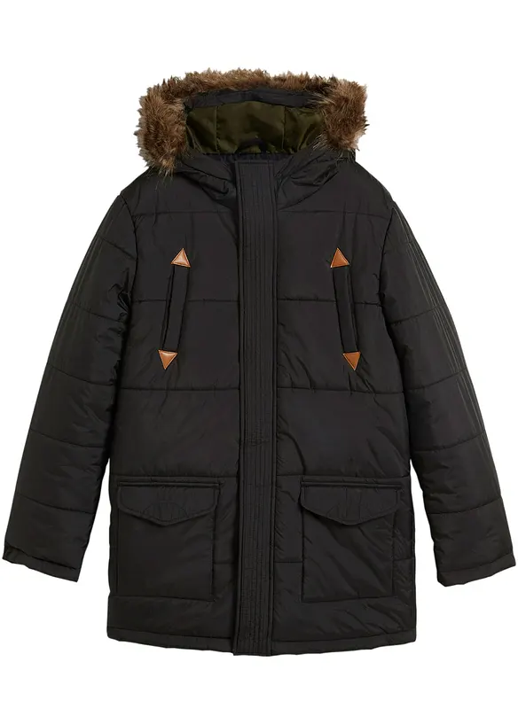 Winterparka mit Lederimitat-Details und Fellkapuze in schwarz von vorne - bonprix