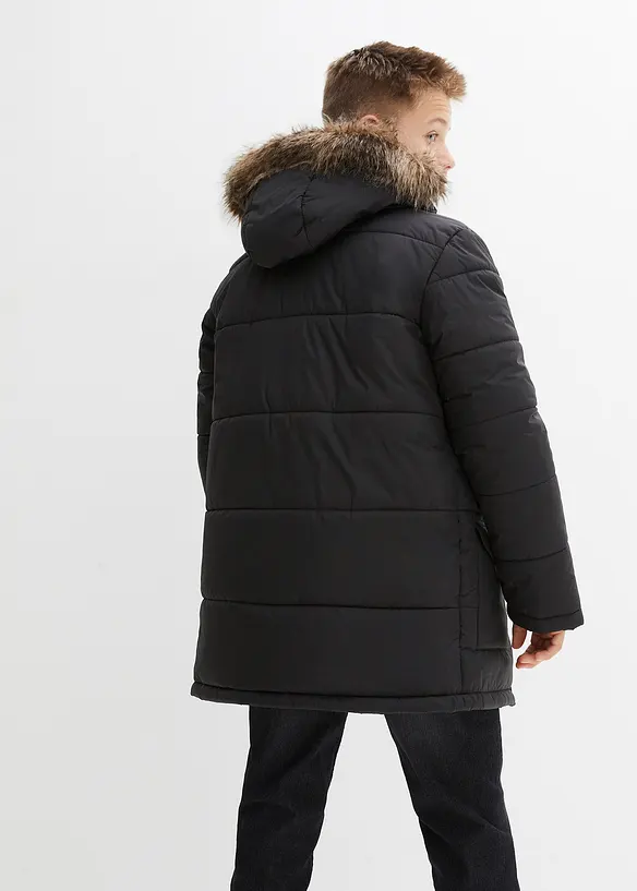 Winterparka mit Lederimitat-Details und Fellkapuze in schwarz von hinten (im Anschnitt) - bonprix