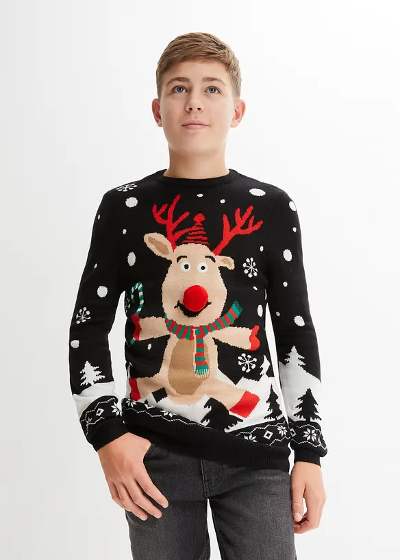 Feinstrickpullover mit Weihnachtsmotiv in schwarz von vorne (im Anschnitt) - bonprix