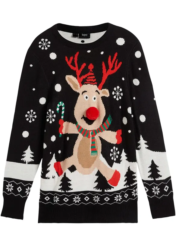 Feinstrickpullover mit Weihnachtsmotiv in schwarz von vorne - bonprix