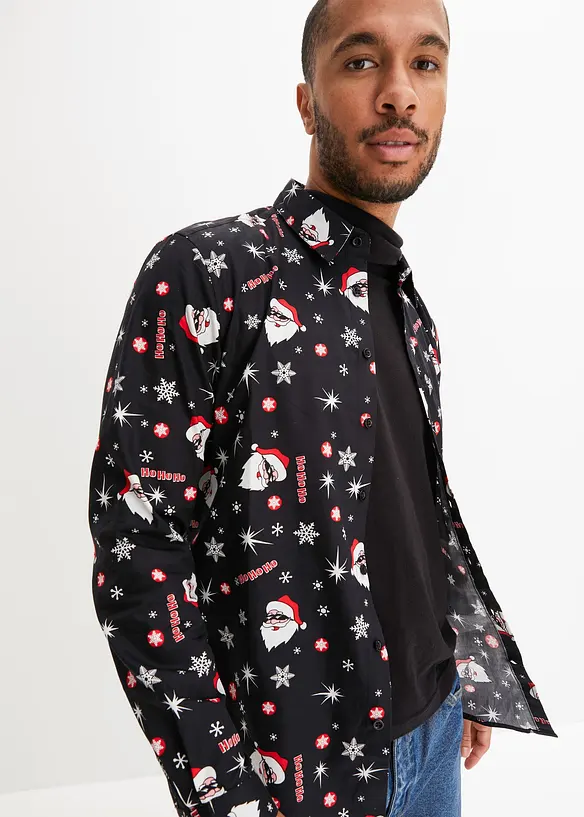 Langarmhemd mit Weihnachtsmotiv aus reiner Baumwolle, Slim Fit in schwarz von vorne (im Anschnitt) - bonprix