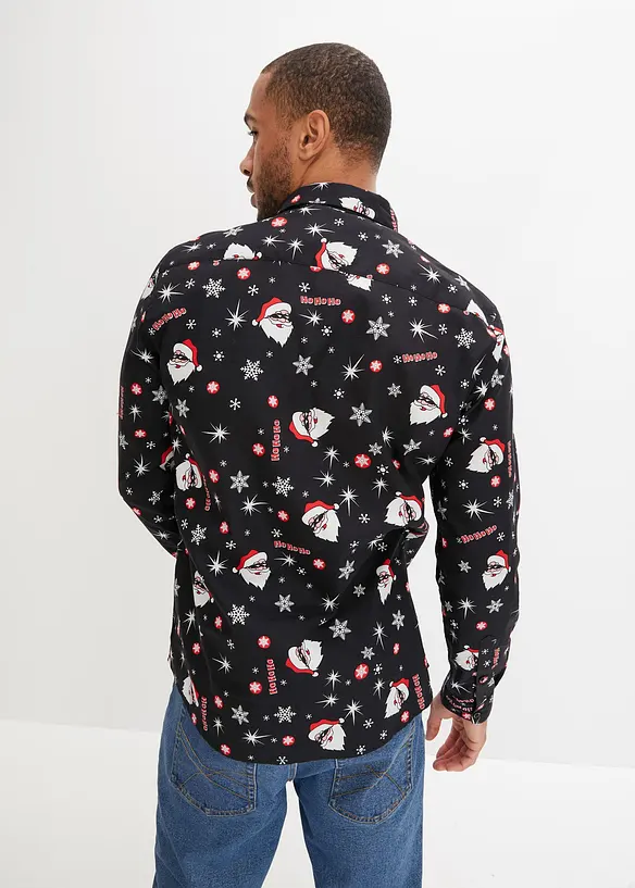 Langarmhemd mit Weihnachtsmotiv aus reiner Baumwolle, Slim Fit in schwarz von hinten (im Anschnitt) - bonprix