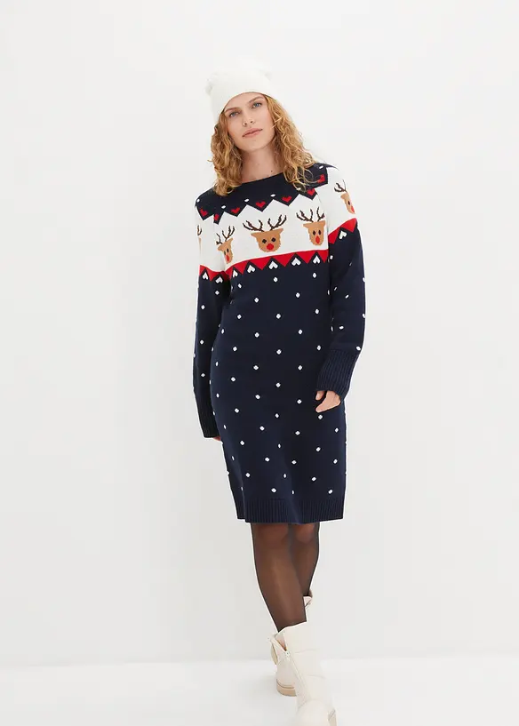 Strickkleid mit Weihnachtsmotiv in blau von vorne (Totalaufnahme) - bonprix