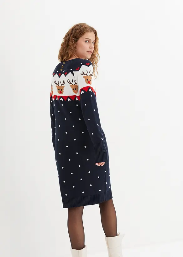 Strickkleid mit Weihnachtsmotiv in blau von hinten (Totalaufnahme) - bonprix