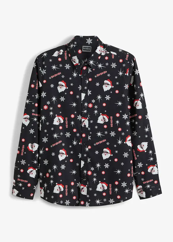 Langarmhemd mit Weihnachtsmotiv aus reiner Baumwolle, Slim Fit in schwarz von vorne - bonprix
