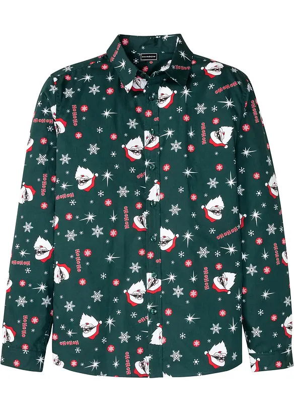 Langarmhemd mit Weihnachtsmotiv aus reiner Baumwolle, Slim Fit in grün von vorne - bonprix