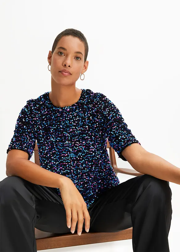 Pailletten-Shirt aus softem Samt in schwarz von vorne (im Anschnitt) - bonprix