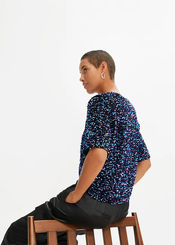 Pailletten-Shirt aus softem Samt in schwarz von hinten (im Anschnitt) - bonprix